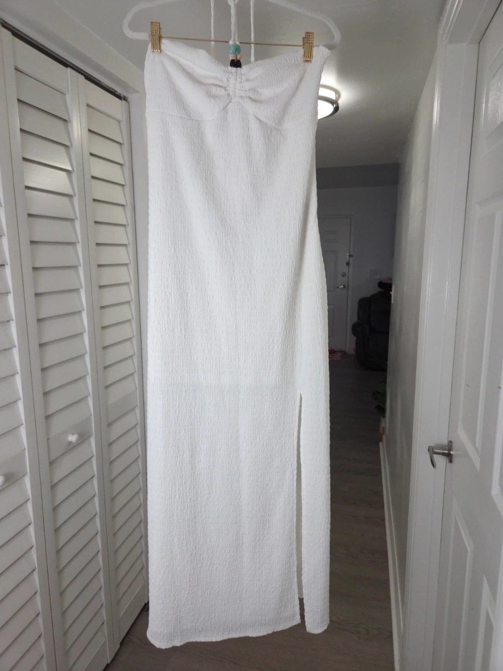 Strapless White Textured Maxi Dress with Side Slit